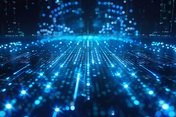 Obraz premium Digital Future: Blue Binary Data Flowing on a Computer Screen Background