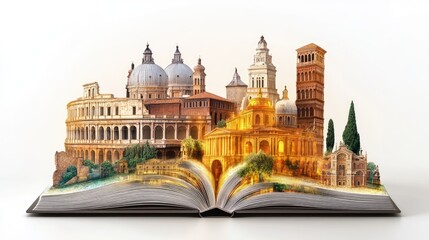 Obraz premium An open book with glowing images of famous Italian landmarks like the Rialto Bridge, Pitti Palace, and Mount Vesuvius rising out. White backdrop.