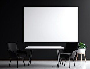 A blank white canvas mockup in portrait orientation, displayed on the wall of a minimalist black room with modern furniture, perfect for art or design presentations