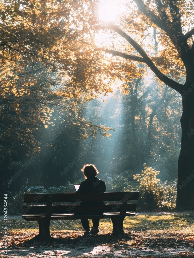 Poster person sitting on park bench using tablet in bright autumn sunlight with trees surrounding them. gen