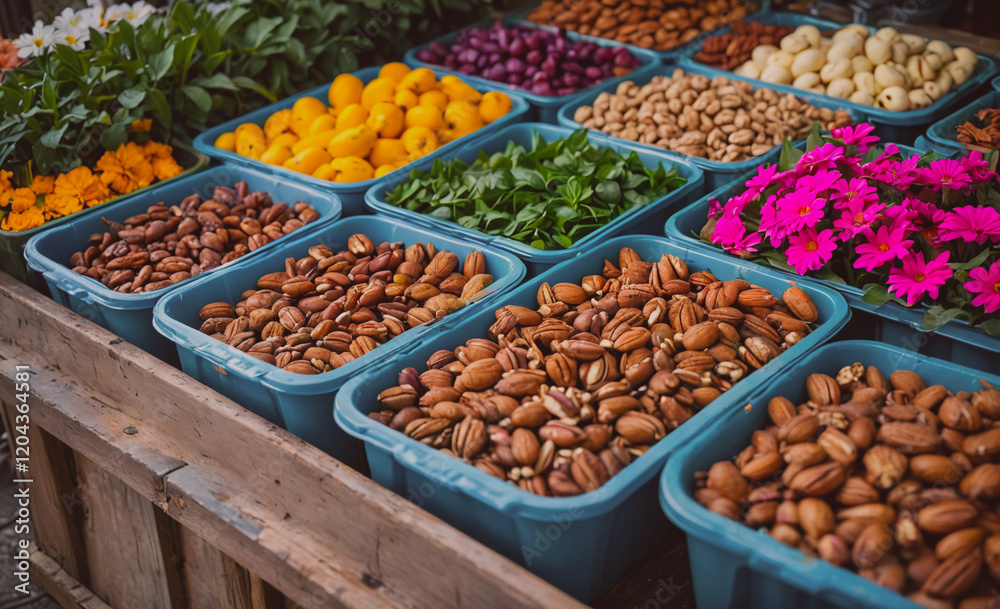 Poster table full of nuts and fruits. the nuts are in blue containers and the fruits are in orange containe