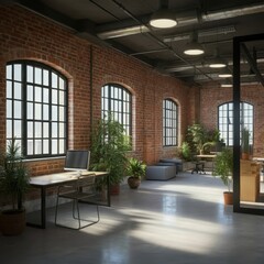Obraz premium Industrial loft office space, exposed brick walls, large windows, natural light, wooden beams, concrete floor, minimalist furniture, modern office desk, ergonomic chairs, indoor plants, pendant lighti