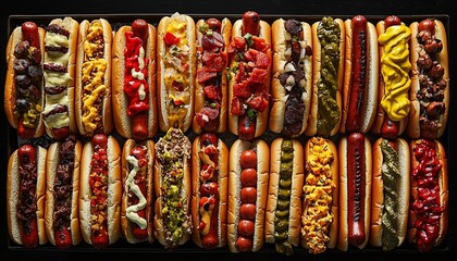 Dynamic overhead shot delicious hot dogs with diverse toppings, laid out for an engaging and mouthwatering display