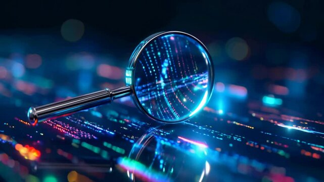 Internet search or data analysis concept, modern magnifying glass on a blue background with connected data flow	