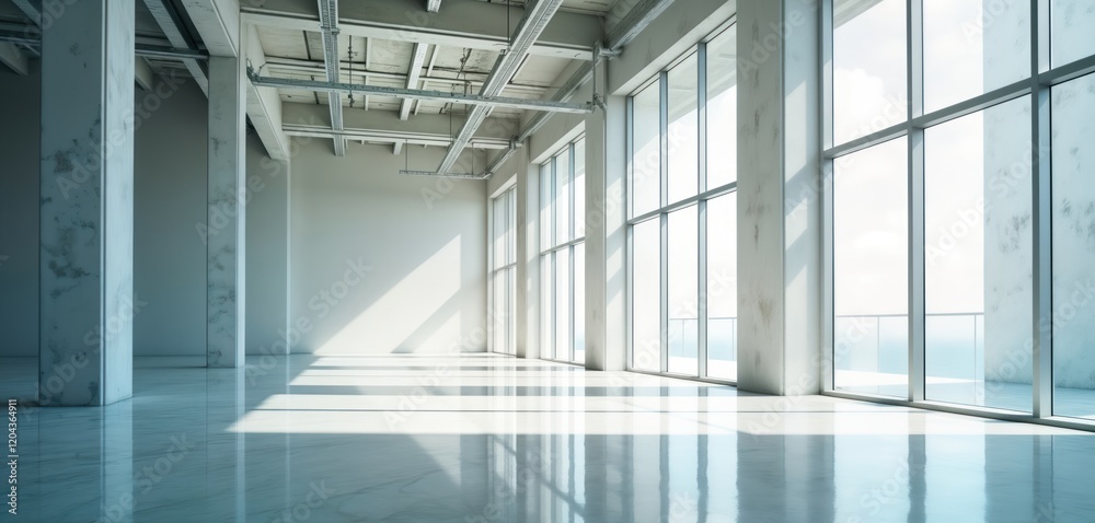Poster Modern architecture interior design geometric patterns, perspective. Spacious empty room with large windows offering city view. Minimalist style. Concrete walls, columns. Sunlight creates shadows on