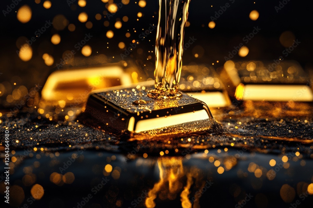 Aufkleber rich liquid gold pouring over gleaming bars in dark setting with sparkling droplets and golden refle