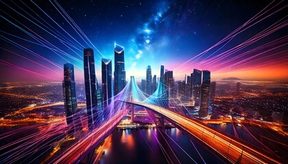 Obraz premium Neon Cityscape Illuminated by Colorful Light Trails and Starry Sky