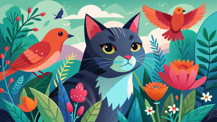 Obraz premium simple gouache illustration, cat and bullfinches, anime 