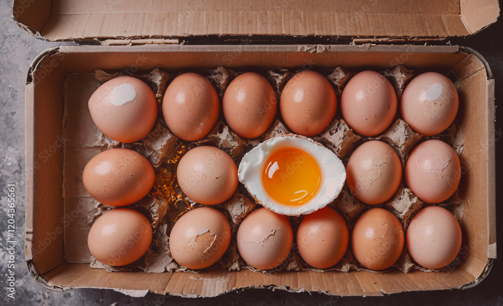 Poster Dozen eggs are in a cardboard box with one egg missing. The box is open and the eggs are arranged in rows