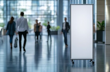 A blank white roll-up banner in the center of an office lobby with people walking by, captured in a mockup style.