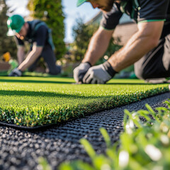 Workers Installing Artificial Turf in a Garden