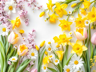 Spring flowers arrangement with daffodils, tulips, and daisies on white, AI Generation