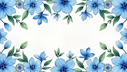 Obraz premium Elegant floral pattern with delicate blue flowers, foliage on white background. Soft watercolor style creates gentle, airy aesthetic. Perfect for spring-themed decor like textiles, wallpapers,