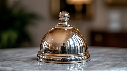 Shiny bell on marble counter in hotel lobby.