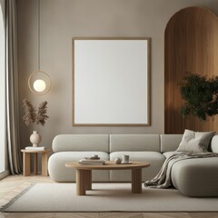 Minimalist living room, Scandinavian design, neutral color palette, beige walls, white sofa, wooden coffee table, arched floor lamp, potted plant, framed blank canvas, textured wallpaper, cozy throw p