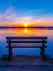Winter Sunrise Lake Bench - Serene winter sunrise over a calm lake, a solitary bench awaits, symbolizing peace, tranquility, solitude, reflection, and hope.