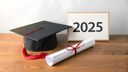 A black graduation cap with a red tassel, a rolled diploma, and a "2025" sign on a wooden table with a neutral background. Ideal for academic or graduation-related themes.