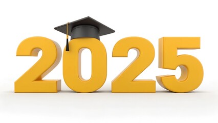 Yellow 3D text "2025" with a sleek black graduation cap on top, isolated on a white background. Represents academic achievement and the graduating class of 2025.
