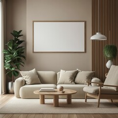 Minimalist living room, Scandinavian design, neutral color palette, beige walls, white sofa, wooden coffee table, arched floor lamp, potted plant, framed blank canvas, textured wallpaper, cozy throw p