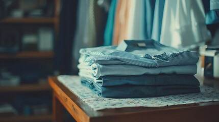 Ironing, laundry, clothes, housekeeping and objects concept - close up ironed and folded shirts on table