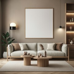 Naklejka premium Minimalist living room, Scandinavian design, neutral color palette, beige walls, white sofa, wooden coffee table, arched floor lamp, potted plant, framed blank canvas, textured wallpaper, cozy throw p