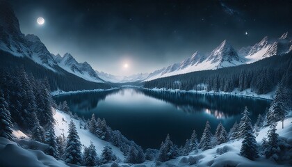 Midnight in a Snowy Mountain Valley with a Reflective Blue Lake. AI Generated.