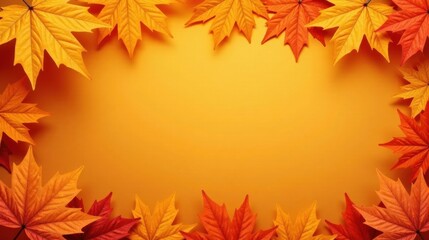 Obraz premium Autumnal Leaves Frame on Warm Orange Background, Perfect for Seasonal Designs and Festive Celebrations