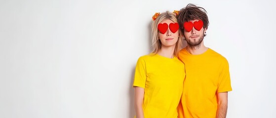 Playful couple in yellow shirts and heart shaped red sunglasses, posing with whimsical expressions against a clean white background, emphasizing fun, creativity, and quirky romantic energy