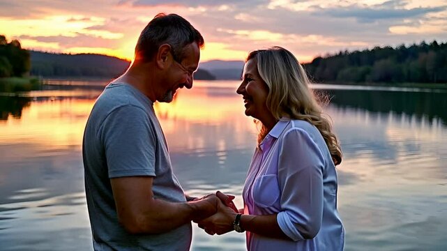 Happy mature couple having tender moment holding hands at lake during sunset - Senior people, romantic and love concept - Models by AI generative
