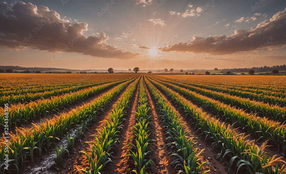 Poster field of corn is shown with the sun shining through the clouds. the sun is in the sky and the clouds