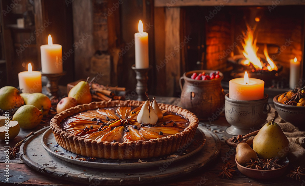 Poster Table with a pie and candles on it. The pie is a fruit pie with apples and pears. The table also has a bowl of pears and a bowl of apples