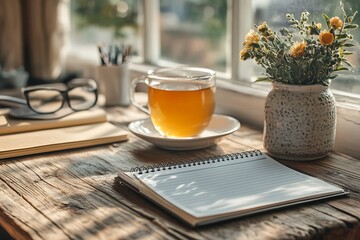 Cozy workspace by the window with tea, notebook, and flowers.