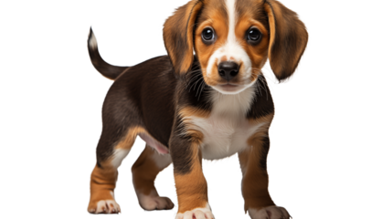 A beagle puppy standing with its ears perked up, symbolizing alertness and curiosity in pets, studio view, isolated on transparent background.