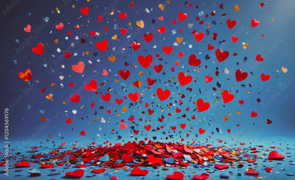 Poster Blue background with a lot of red hearts scattered all over it. The hearts are of different sizes and colors, creating a sense of chaos and excitement. The image conveys a feeling of love and