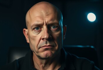 Fototapeta premium Solemn and anxious bald man in dimly lit room