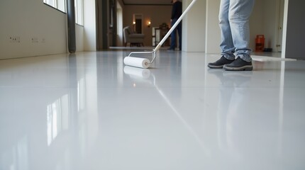 Obraz premium Worker Applying Glossy Epoxy Coating on a Concrete Floor with a Roller