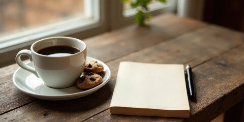 Fototapeta premium Aromatic Coffee, Chocolate Chip Cookies, and a Blank Notebook Await Inspiration on Rustic Wooden Surface