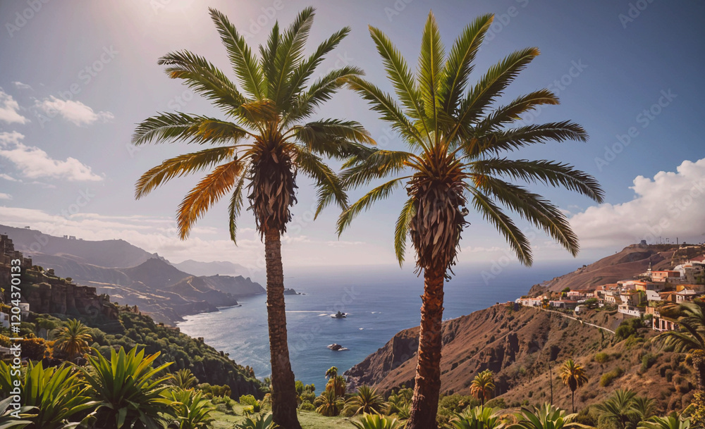 Aufkleber Two palm trees are standing next to each other on a hill overlooking the ocean. The scene is serene and peaceful, with the ocean in the background and the palm trees providing a sense of calm