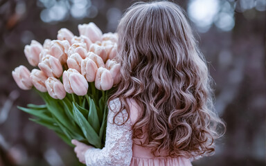 Naklejka premium A young girl holding a bouquet of pink flowers. The flowers are in a field and the girl is standing in the middle of the field. The scene is peaceful and serene, the girl is surrounded by nature. Clos