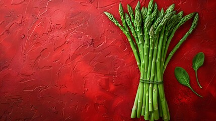 A perfect closeup of bunch of fresh asparagus isolated on red background