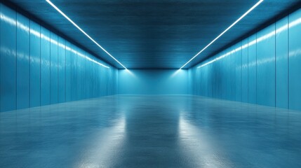 Obraz premium Abstract Blue Neon Corridor: Futuristic Architecture and Modern Design