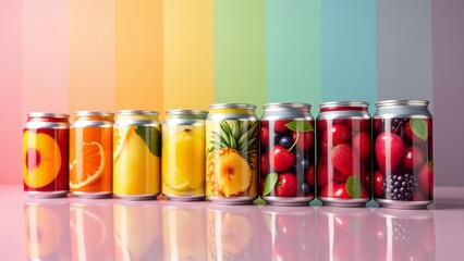 Fruit cans arranged in rainbow order against a shiny reflective background. The vibrant labels and glossy metal surfaces create a fresh, colorful display, showcasing the variety of fruits.
