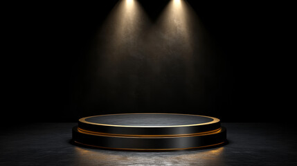"Luxury 3D sleek black podium with gold trim, illuminated by a spotlight for an elegant product display. Perfect for showrooms, showcases, and mockups."