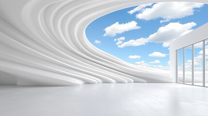 Modern white interior design with a large window showcasing a bright blue sky and fluffy clouds.