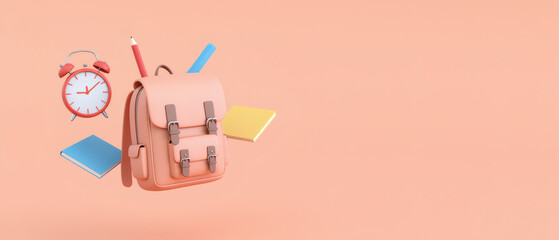 Concept of back to school, learning and onlline education banners. Backpack flying with writing accessories, clock and books. 3d high quality render