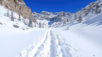 Snowshoeing trail through snowy mountain pass, winter landscape