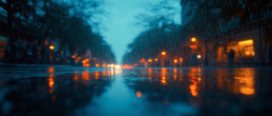 Fototapeta premium Vivid Reflection of City Lights on Rainy Evening Street Scene