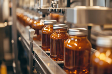 A close-up of a bottling line in a factory showing glass jars filled with a brown liquid