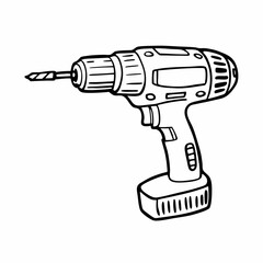 Black and White Vector Illustration of a Cordless Power Drill Outline