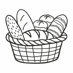 Obraz premium Outline Illustration of Assorted Breads in a Basket Bakery Themed Vector Art
